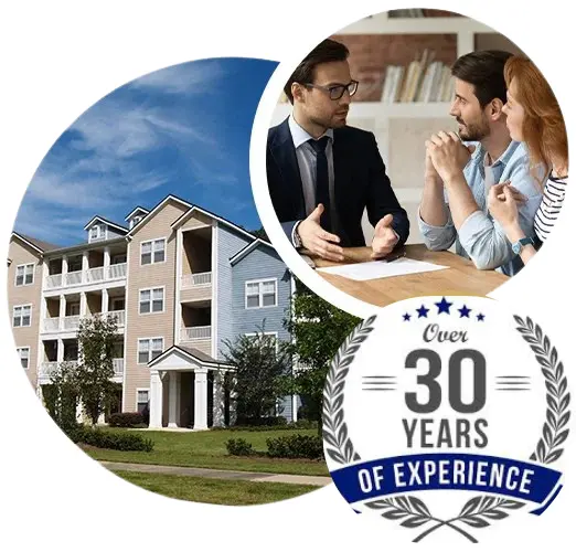 Collage featuring a multi-story apartment building, a business meeting with three professionals, and an "Over 30 Years of Experience" seal.