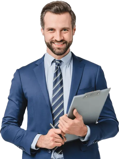 Smiling, bearded businessman in a blue suit holds a clipboard and pen against a black background.