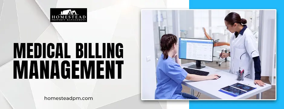 Medical billing management system interface showing invoices and patient data on a computer screen.